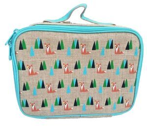 SoYoung Kid's Lunch Box Raw Linen Teal Fox Zipper Handle & New Shoulder Strap
